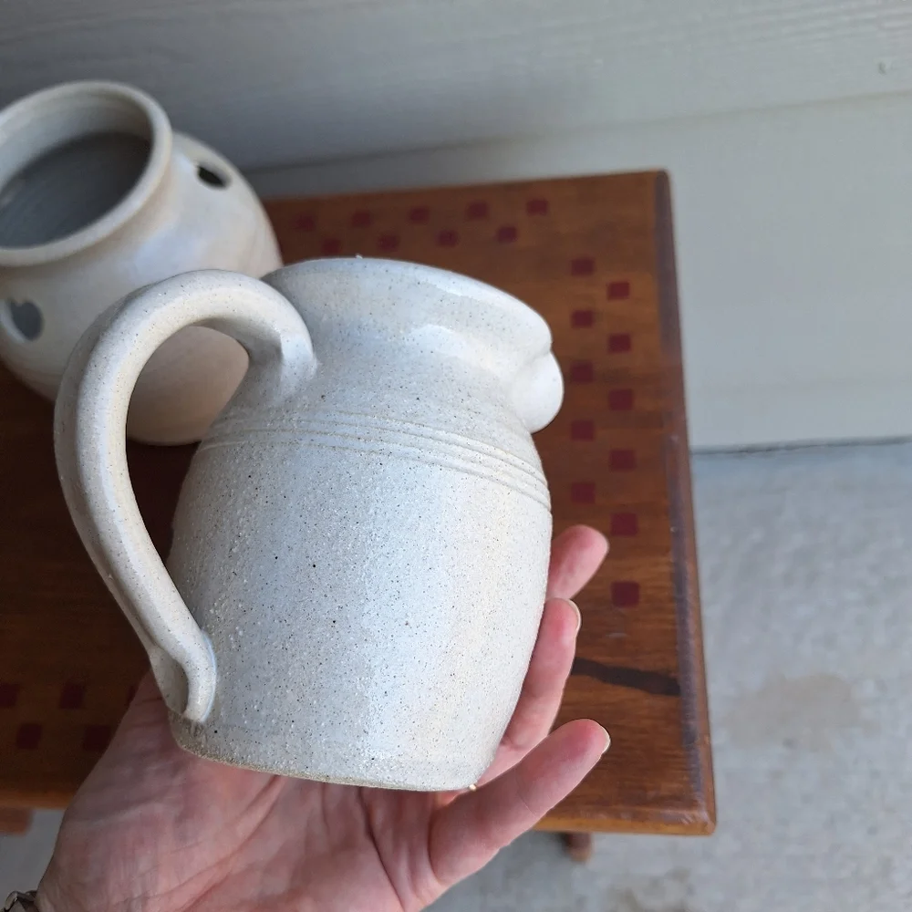 Vintage salt glazed Pinewood Valley stoneware creamer and sugar bowl blue hearts
